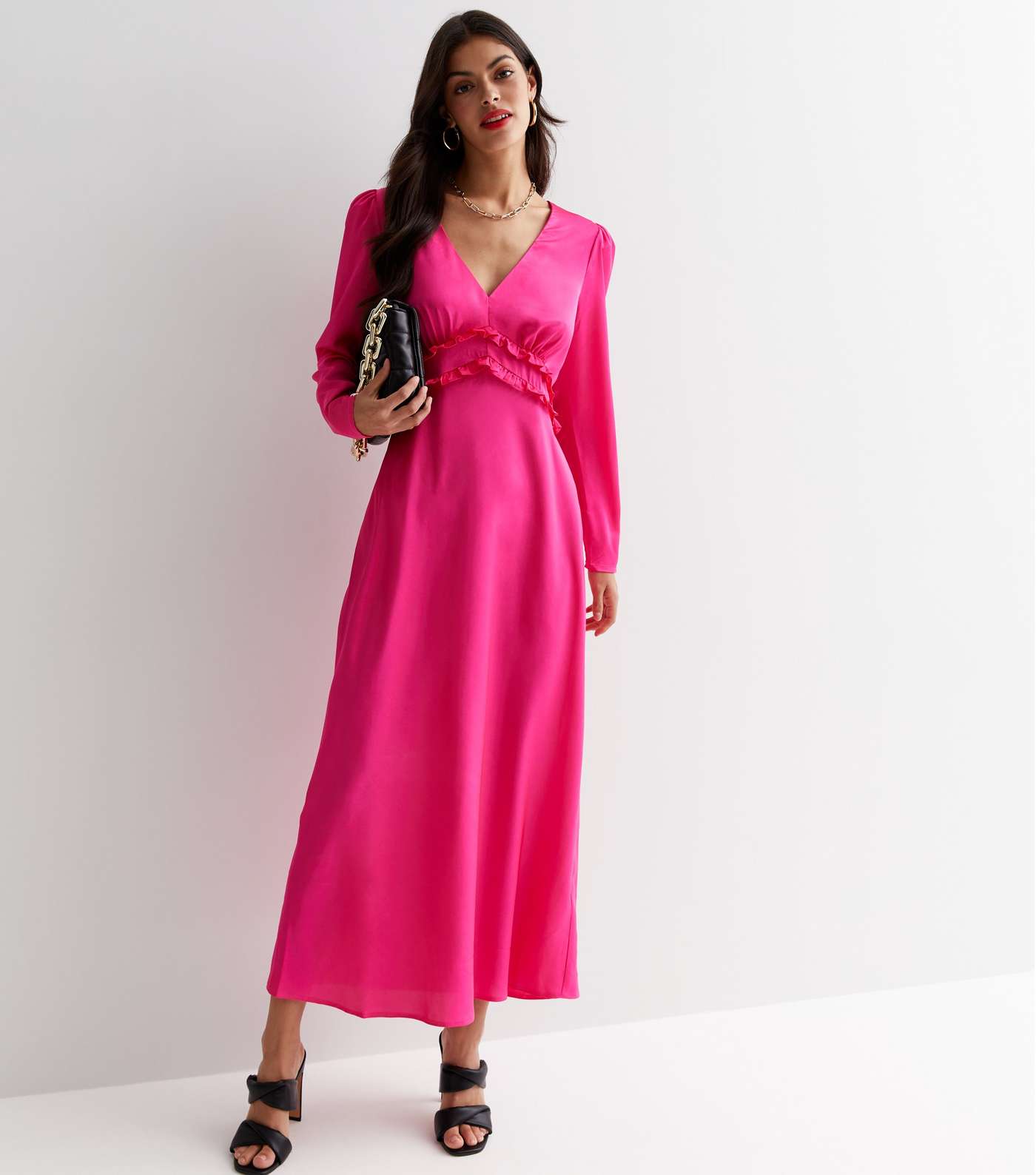 Bright Pink Satin V Neck Long Sleeve Frill Detail Midi Dress Image 2