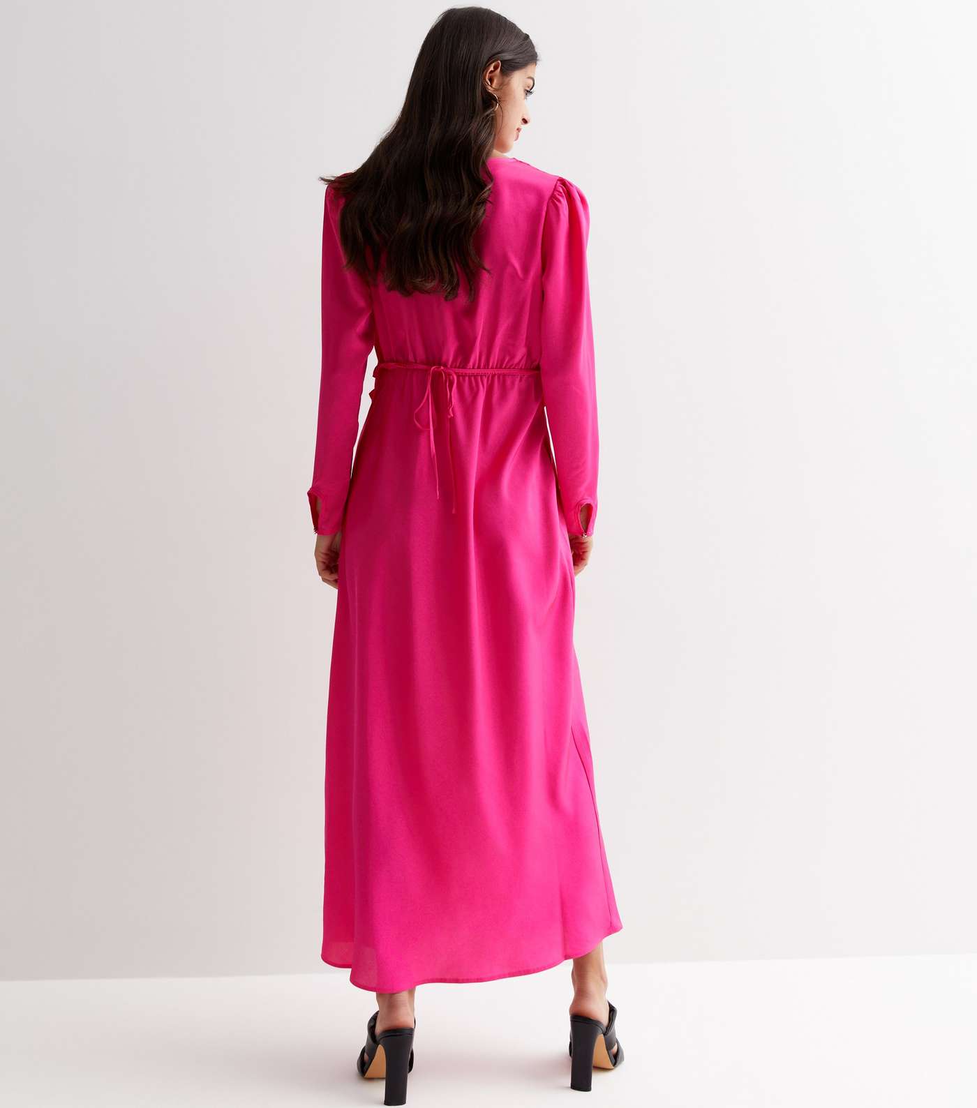 Bright Pink Satin V Neck Long Sleeve Frill Detail Midi Dress Image 4