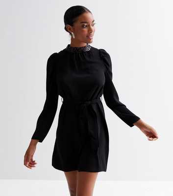 Black Sequin Neck Tie Waist Long Sleeve Mini Dress