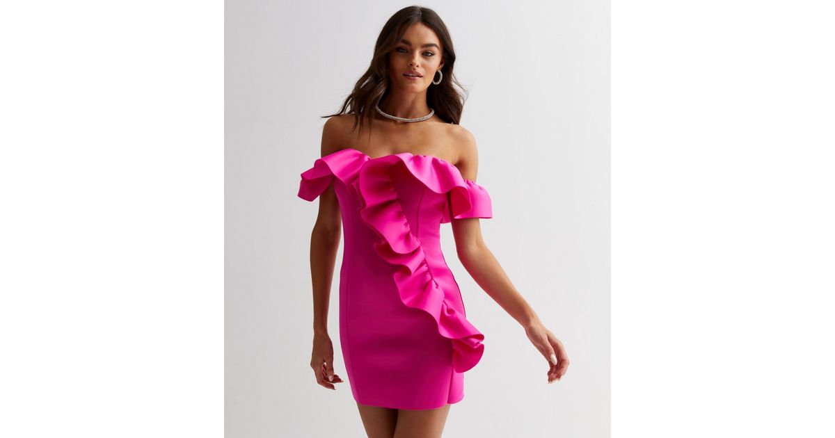 Bright Pink Scuba Ruffle Mini Bodycon Dress