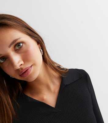 Pink Vanilla Black Ribbed Knit Notch Neck Polo Top