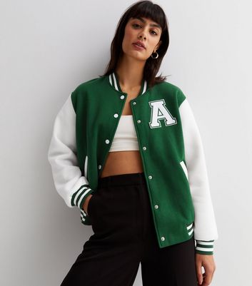 Pink Vanilla Dark Green Varsity Pocket Logo Bomber Jacket