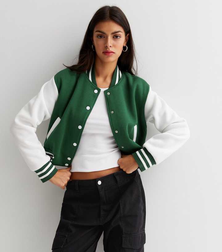 Pink Vanilla Green Crop Varsity Bomber Jacket