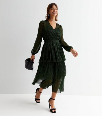 Dark Green Plissé Glitter V Neck Long Sleeve Tiered Midi Dress