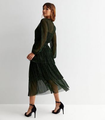 Dark Green Plisse Glitter V Neck Long Sleeve Tiered Midi Dress New Look