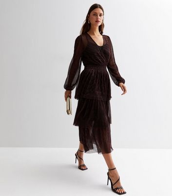 Black Plisse Glitter V Neck Long Sleeve Tiered Midi Dress New Look