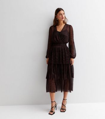 Black Plissé Glitter V Neck Long Sleeve Tiered Midi Dress | New Look