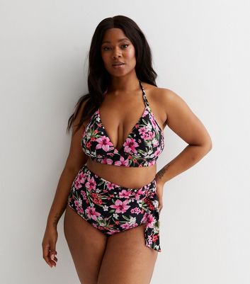 Curves Black Tropical High Waisted Bikini Bottom New Look