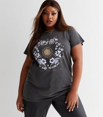 Curves Dark Grey Acid Wash Las Flores Mystic Logo Oversized T-Shirt ...