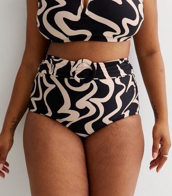 Curves Black Marble Belted High Waist Bikini Bottoms New Look