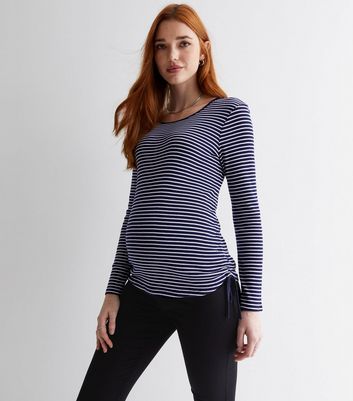 Maternity Navy Stripe Ribbed Jersey Ruched Top