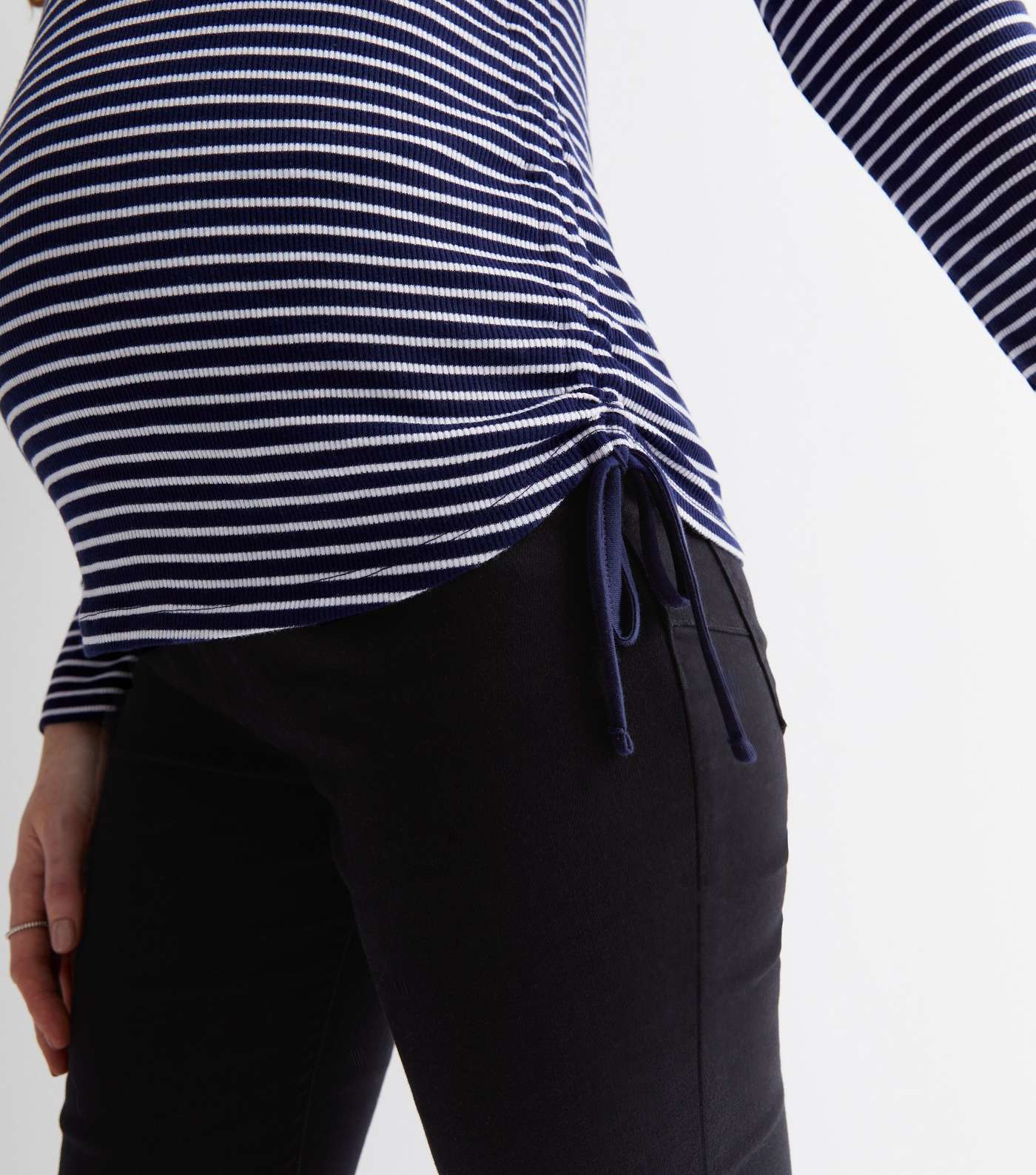 Maternity Navy Stripe Ribbed Jersey Ruched Top Image 2