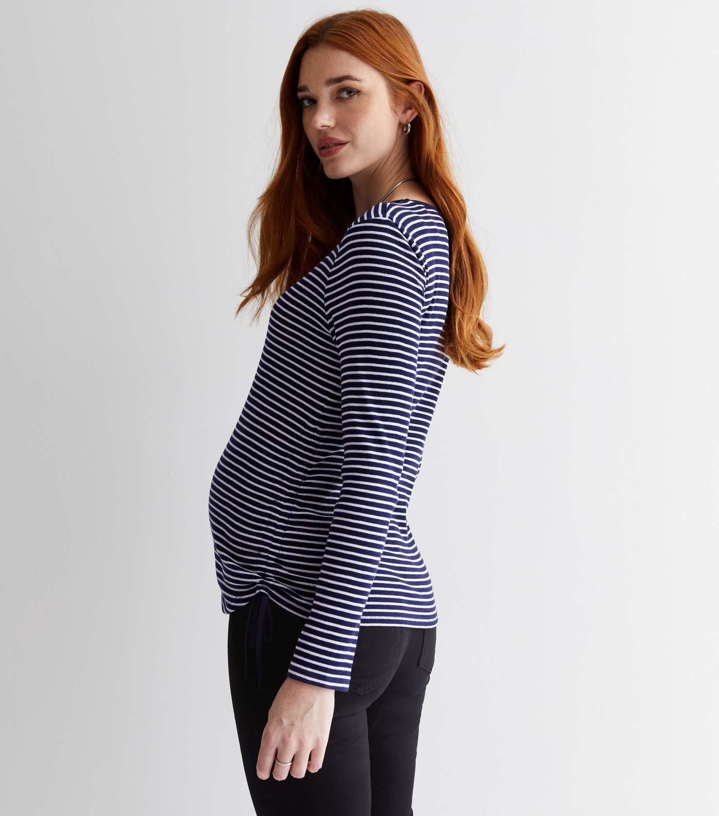 Maternity Navy Stripe Ribbed Jersey Ruched Top Image 4