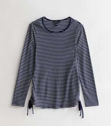 Maternity Navy Stripe Ribbed Jersey Ruched Top New Look