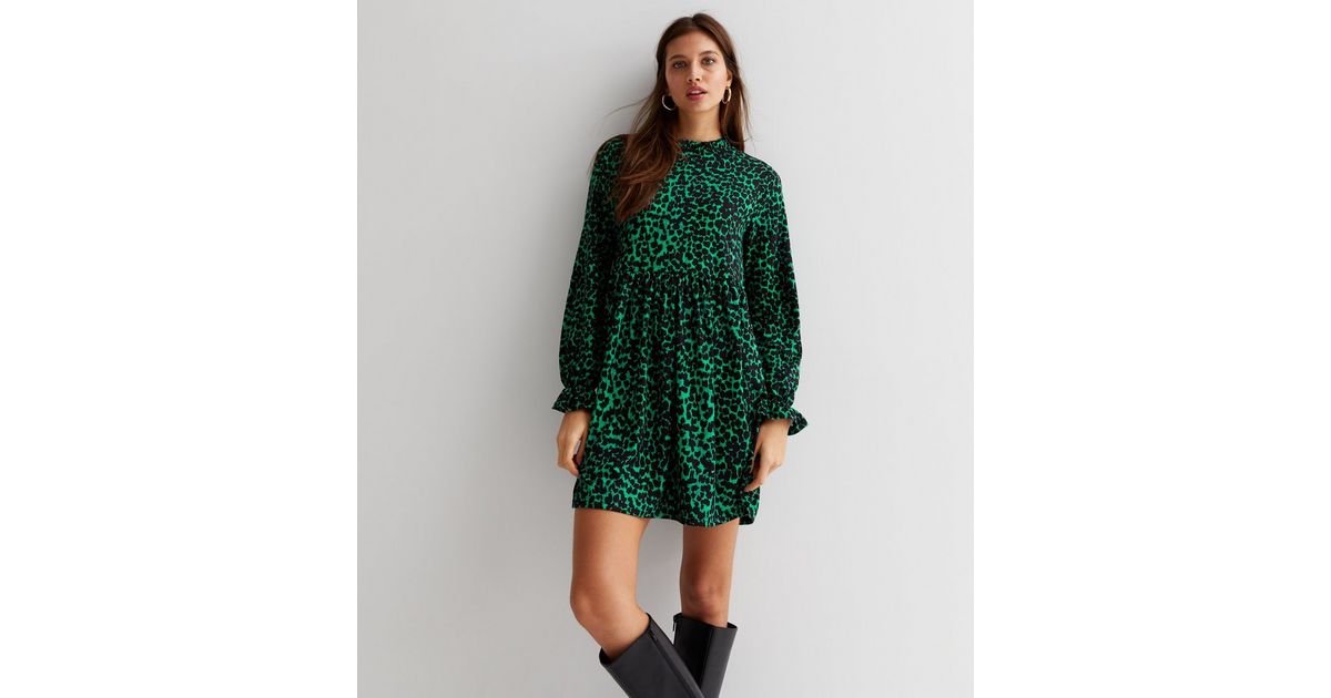Abstract Print High Neck Dress with Puff Sleeves