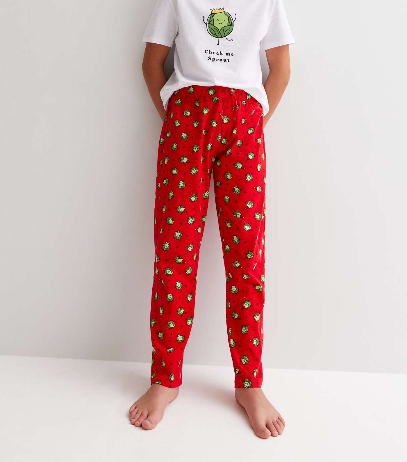 Boys White Christmas Jogger Family Pyjama Set with Brussel Sprouts Logo Image 4