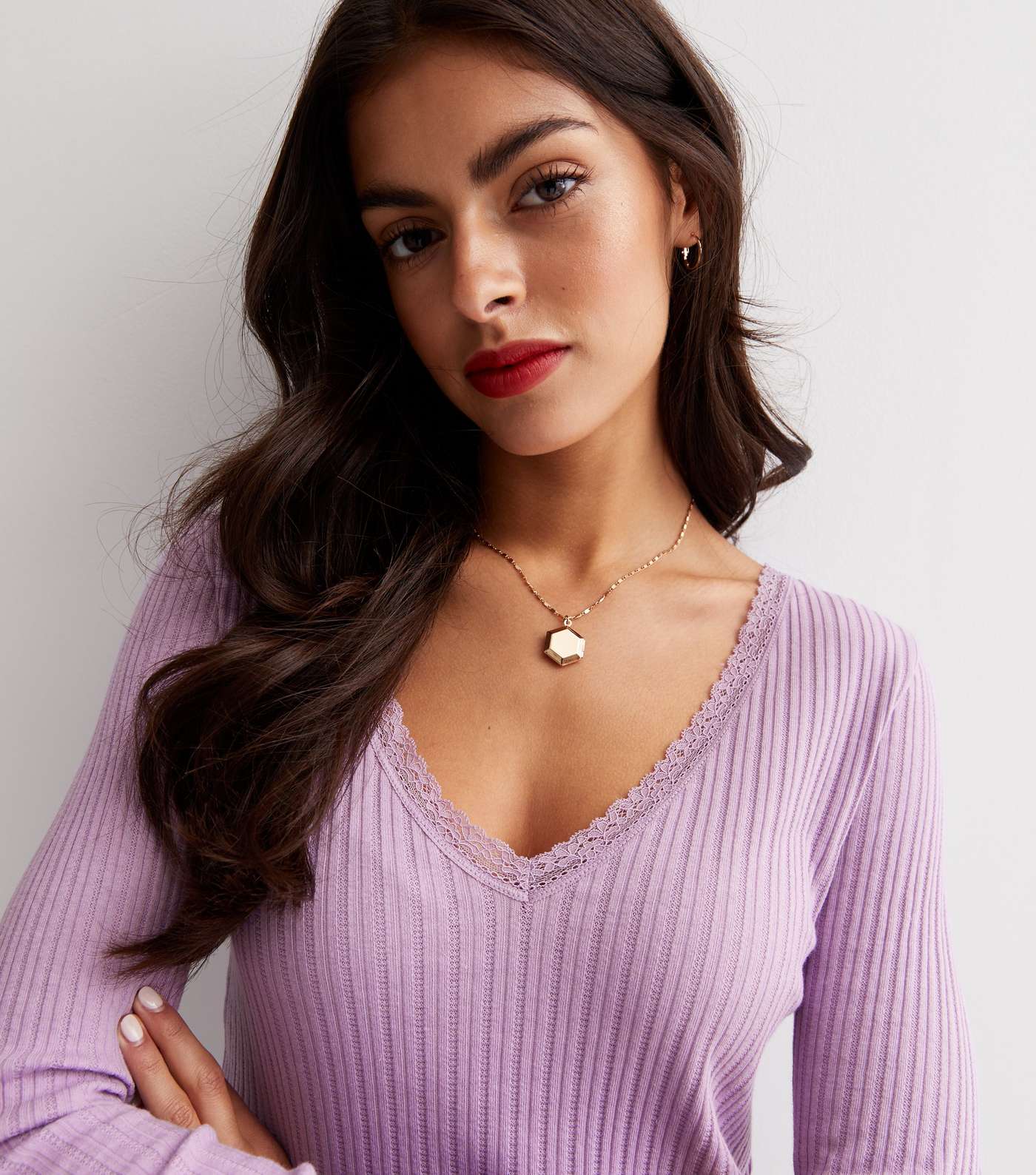 Lilac Ribbed Pointelle V Neck Long Sleeve Lace Trim Top