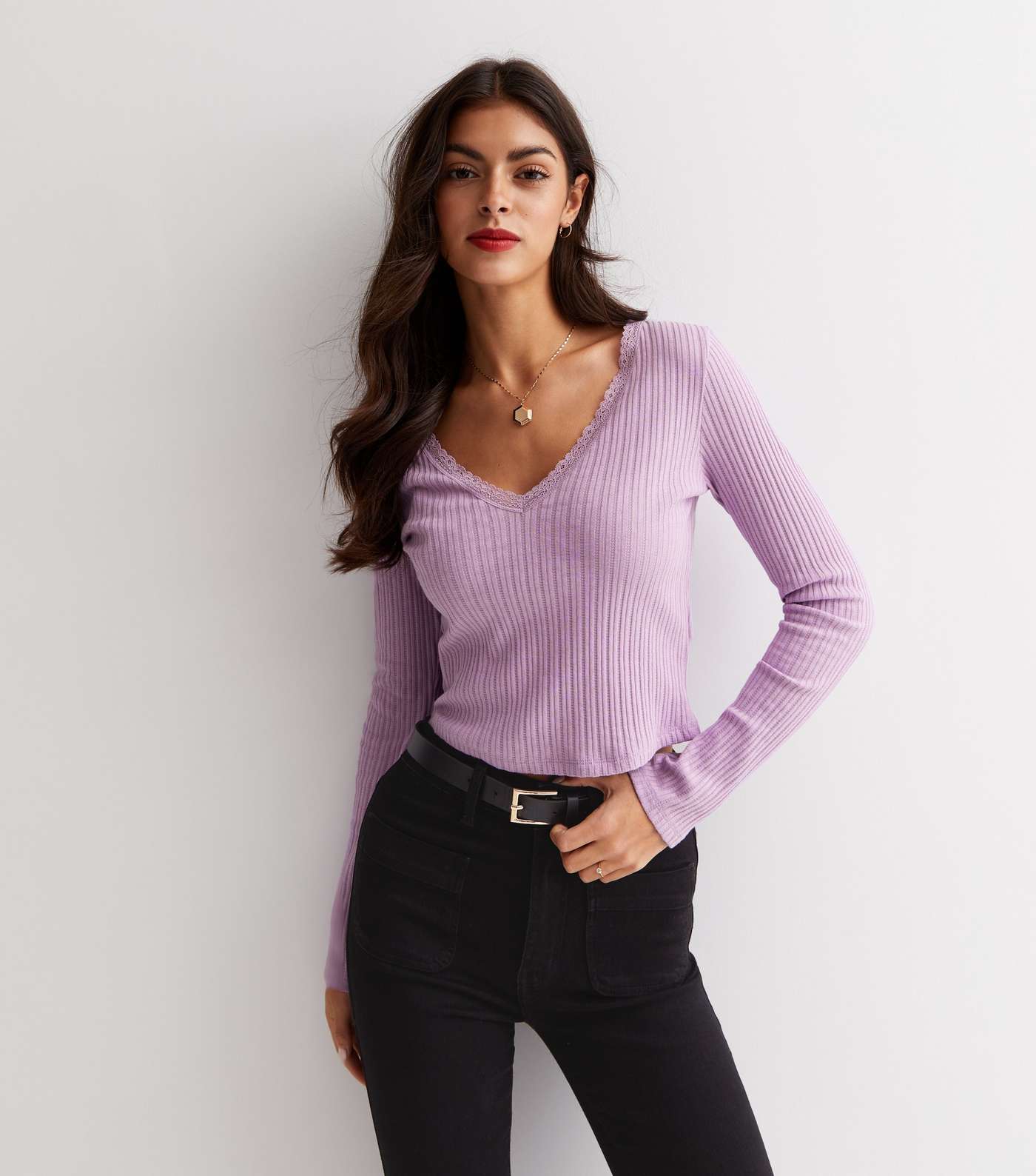 Lilac Ribbed Pointelle V Neck Long Sleeve Lace Trim Top Image 3