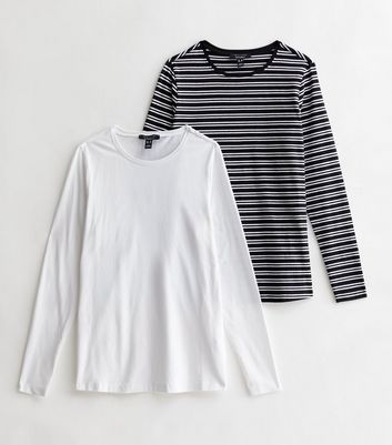 Maternity 2 Pack Black Stripe and White Crew Neck Long Sleeve T-Shirts New Look