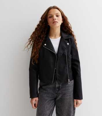 Girls Black Leather-Look Zip Biker Jacket