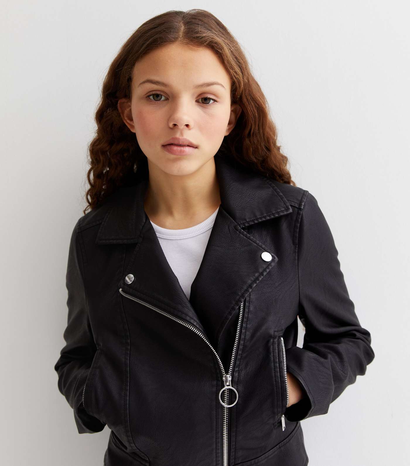 Girls Black Leather-Look Zip Biker Jacket Image 2
