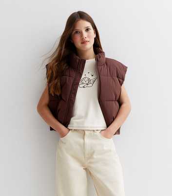 Girls Dark Brown Puffer Crop Gilet