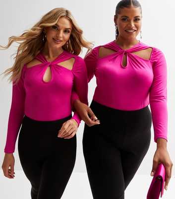 Starring Role Bright Pink Long Sleeve Twist Front Bodysuit