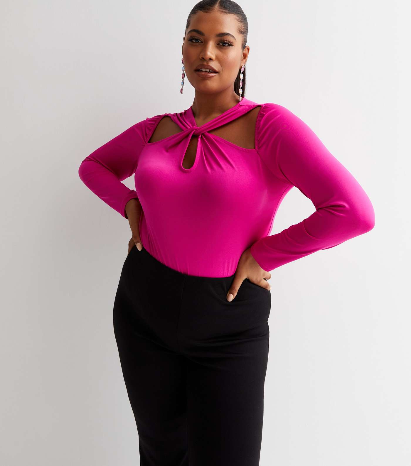 Starring Role Bright Pink Long Sleeve Twist Front Bodysuit Image 2