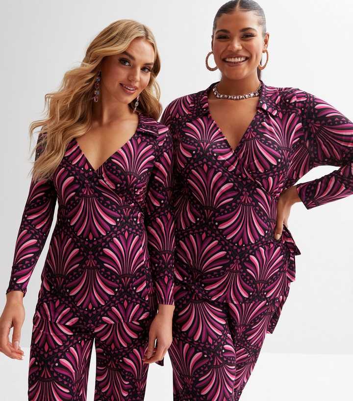 That's a Wrap Pink Fan Print Long Sleeve Wrap Top