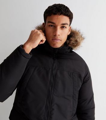 jack jones black faux fur hooded parka jacket