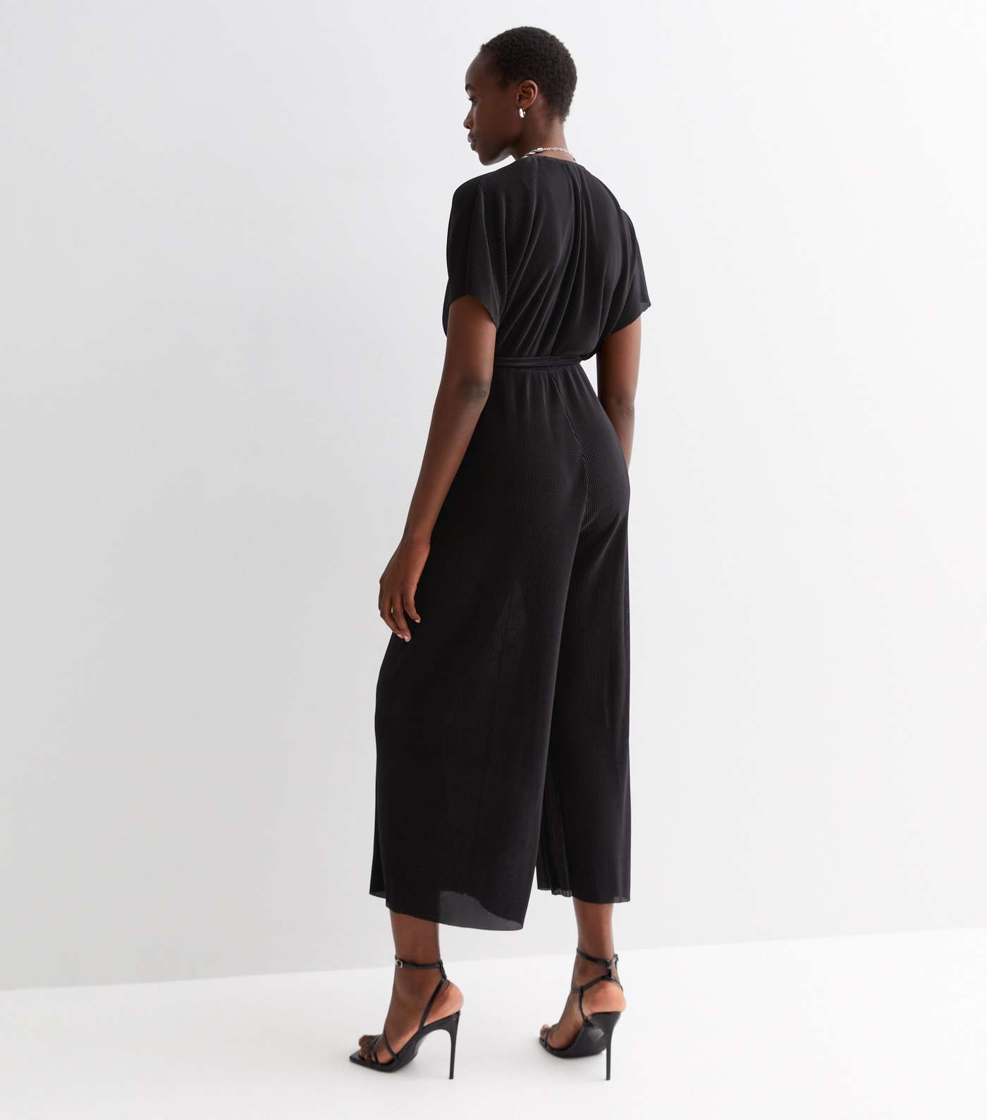 Tall Black Plissé Wide Leg Crop Wrap Jumpsuit Image 4