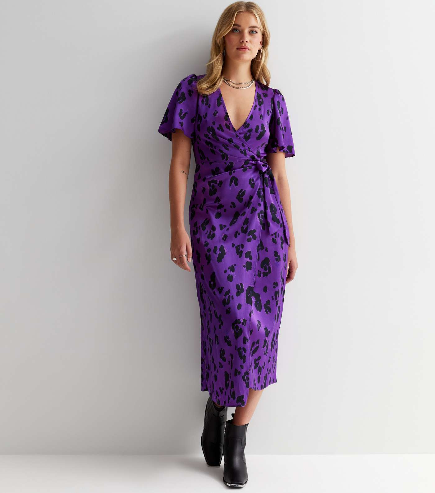 Tall Purple Leopard Print Satin Midi Wrap Dress Image 3