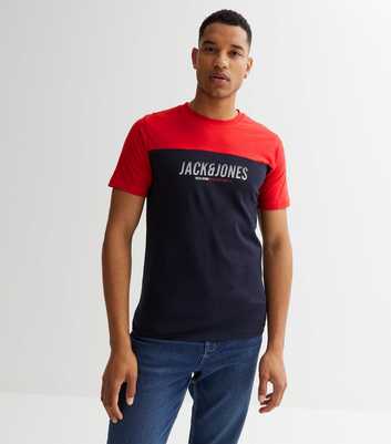Jack & Jones Red Colour Block Crew Neck Logo T-Shirt