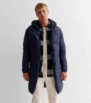 Jack & Jones Navy Hooded Long Puffer Jacket