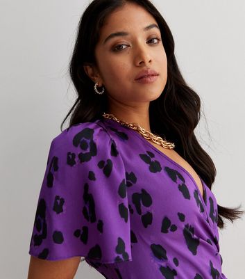 Petite Purple Leopard Print Satin Midi Wrap Dress New Look