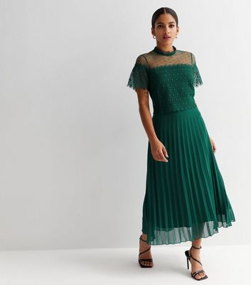 Petite Dark Green Chiffon Lace Short Sleeve Pleated Midi Dress