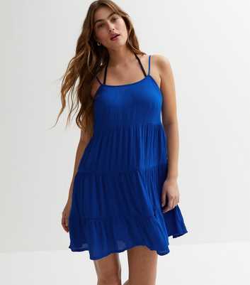 Bright Blue Crinkle Strappy Tiered Mini Swing Beach Dress