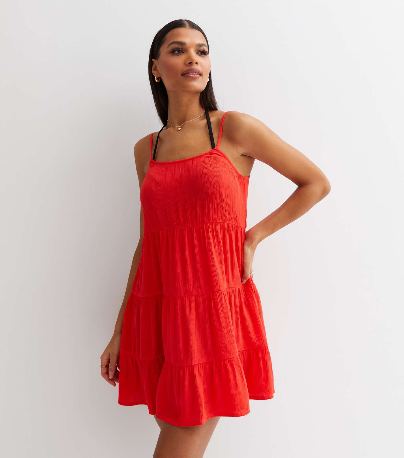 Red Crinkle Strappy Tiered Mini Swing Beach Dress Image 2