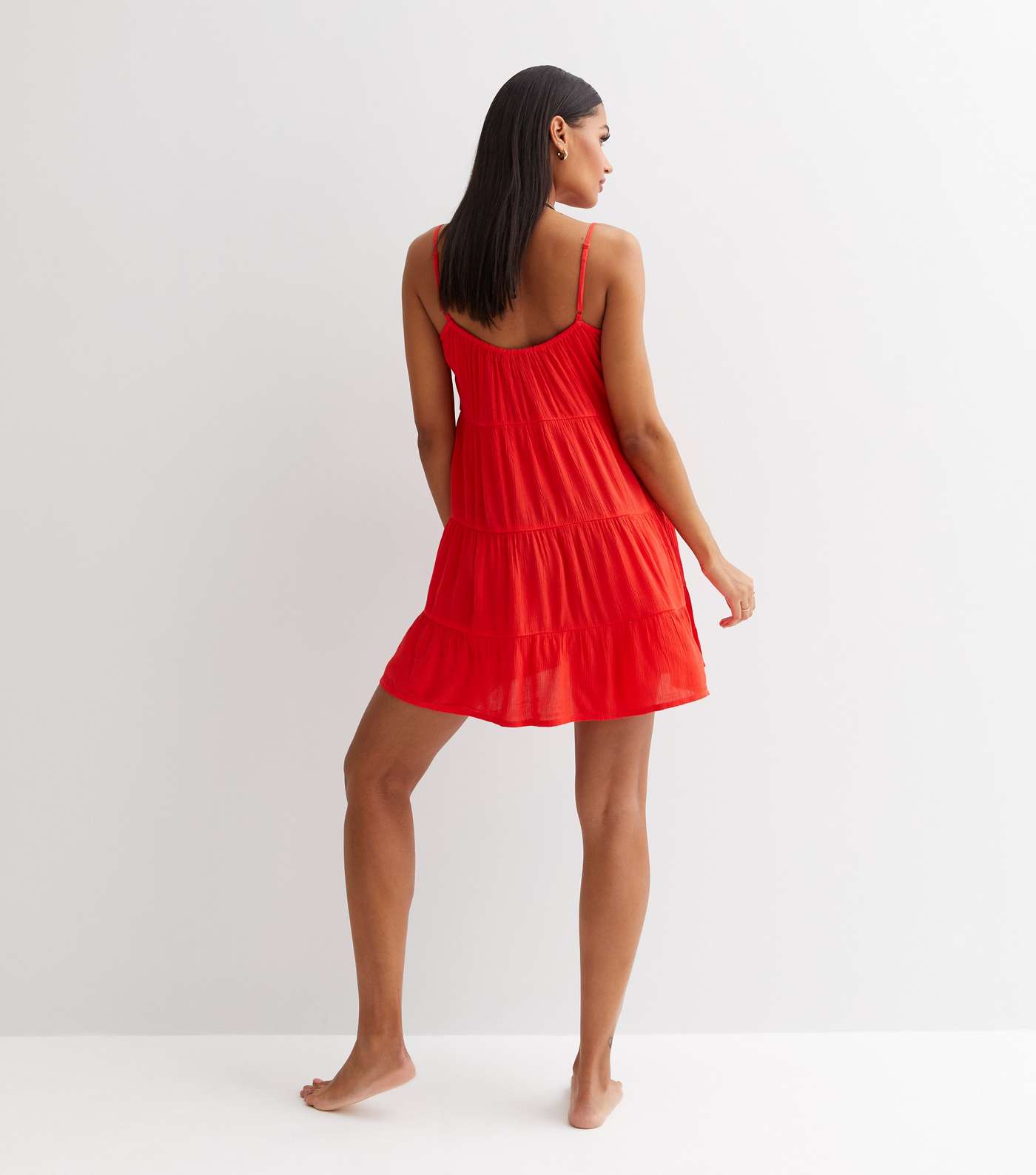 Red Crinkle Strappy Tiered Mini Swing Beach Dress Image 4