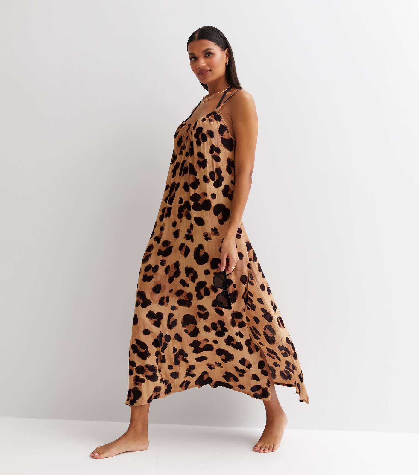 Brown Leopard Print Strappy Maxi Beach Dress Image 2