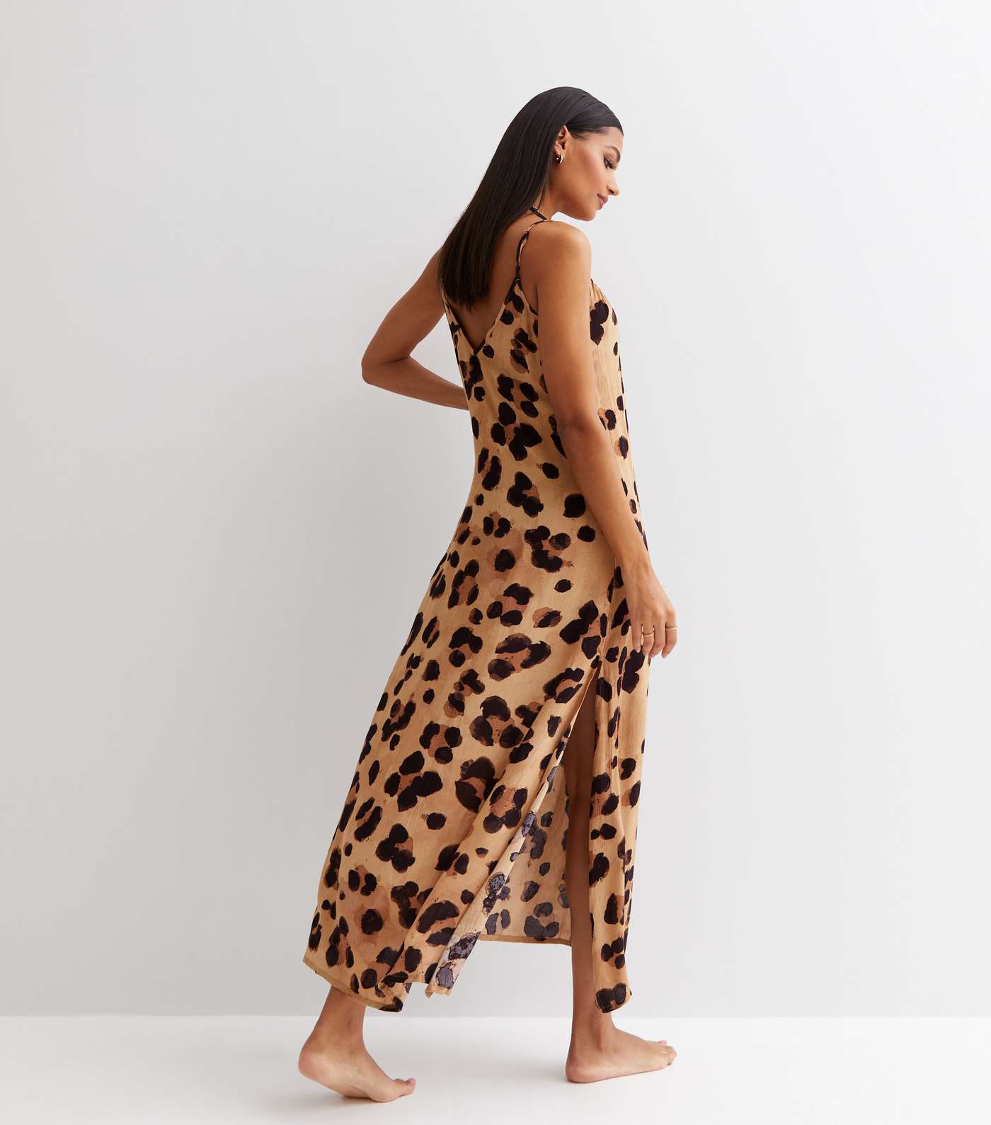 Brown Leopard Print Strappy Maxi Beach Dress Image 4