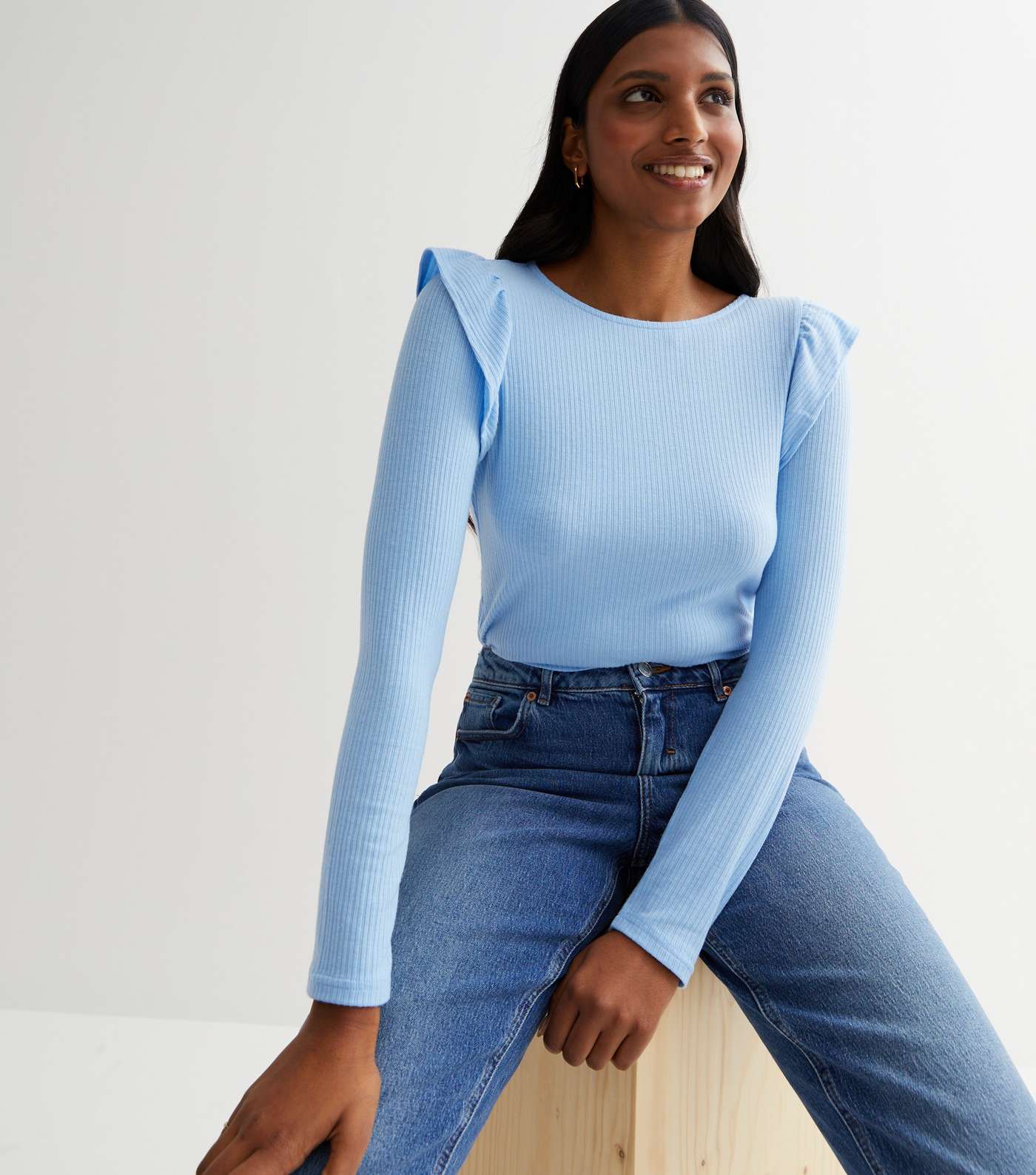 Pale Blue Ribbed Knit Long Frill Sleeve Top Image 2