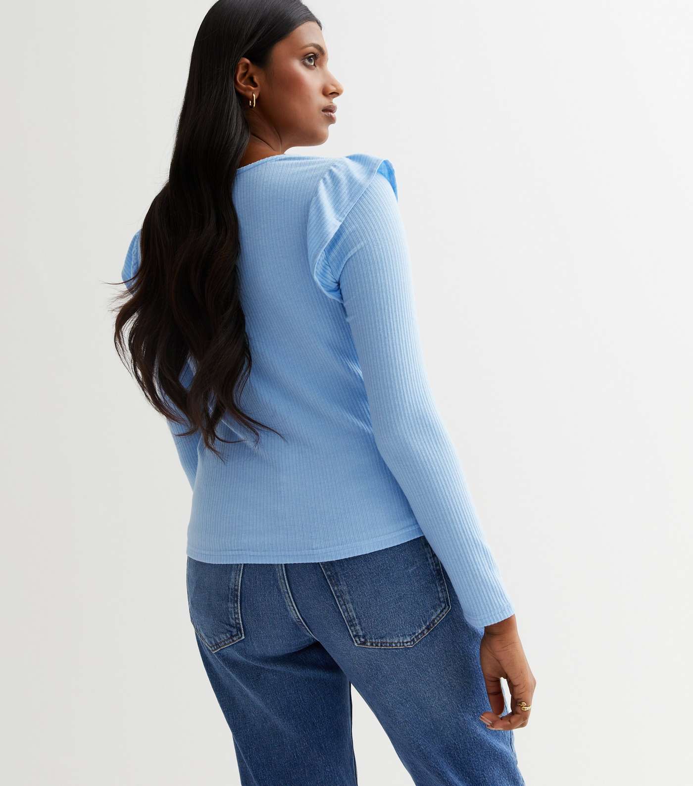 Pale Blue Ribbed Knit Long Frill Sleeve Top Image 4