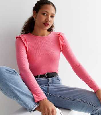 Bright Pink Ribbed Knit Long Frill Sleeve Top