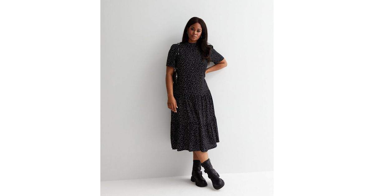 Black Moon Print High Neck Smock Dress - Lella