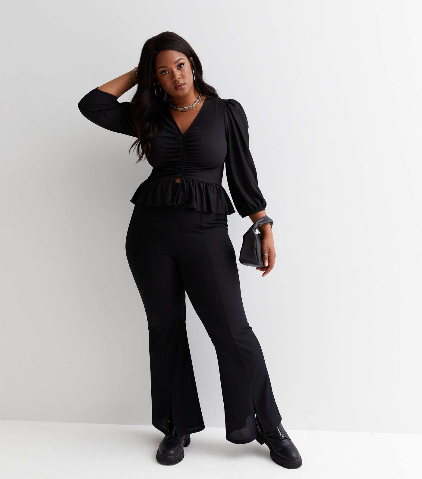 Curves Black Ribbed Ruched Puff Sleeve Peplum Top Image 2