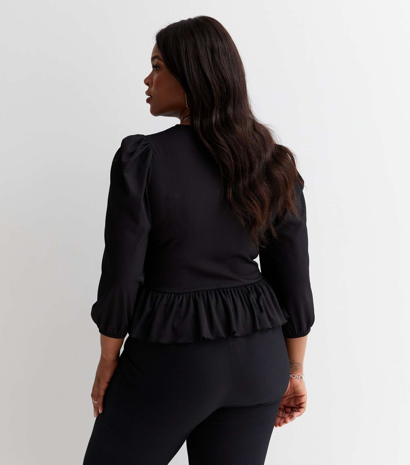 Curves Black Ribbed Ruched Puff Sleeve Peplum Top Image 4