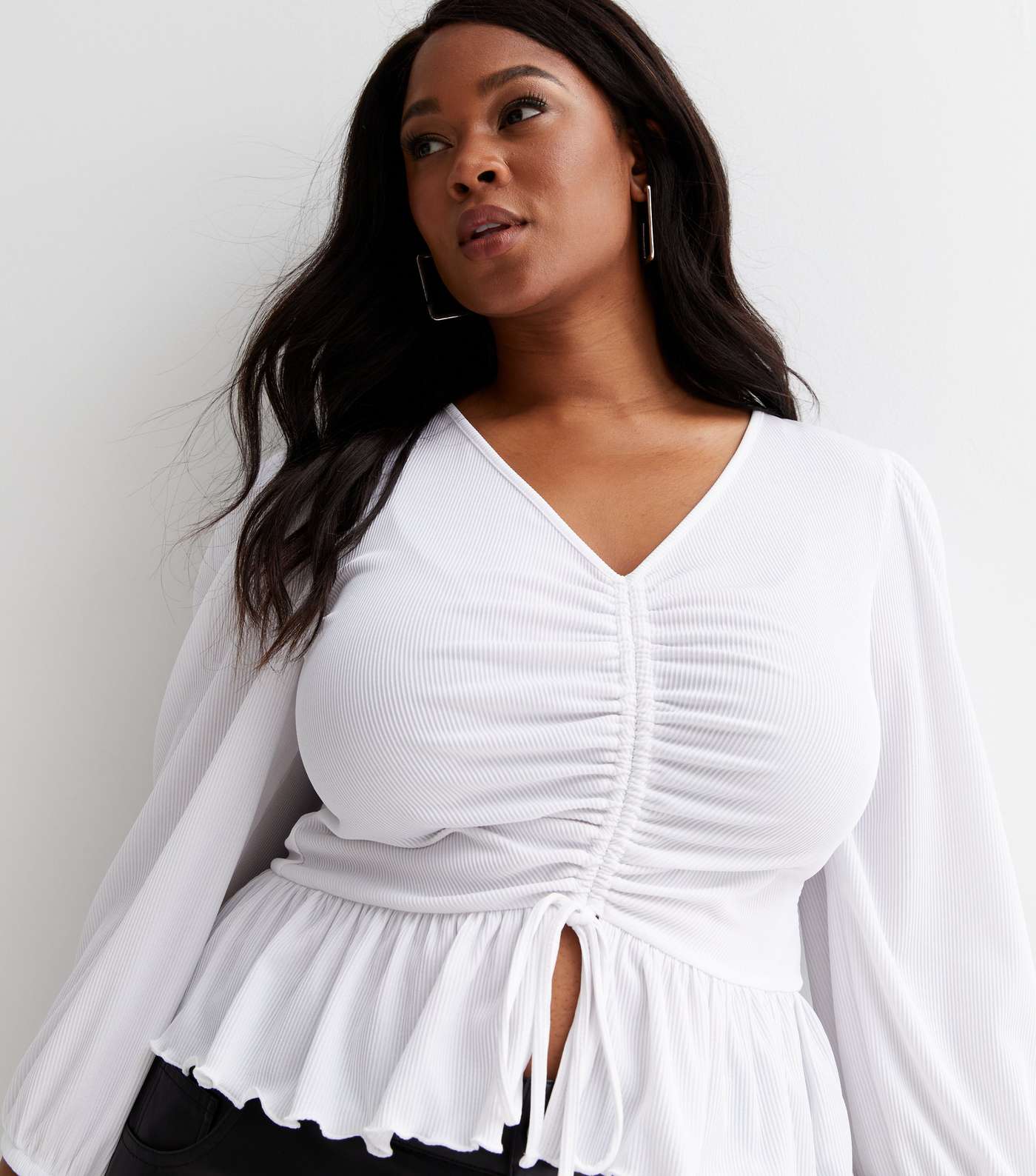 Curves White Ribbed Ruched Puff Sleeve Peplum Top