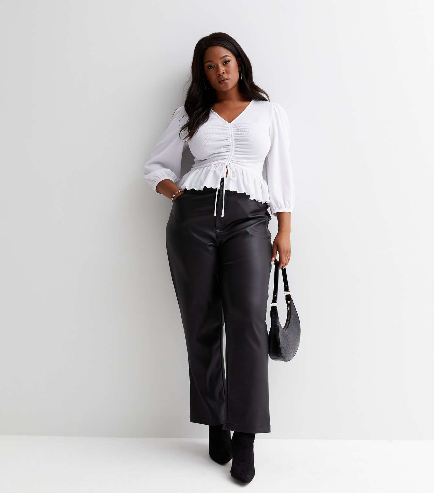 Curves White Ribbed Ruched Puff Sleeve Peplum Top | New Look