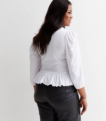 Curves White Ribbed Ruched Puff Sleeve Peplum Top | New Look